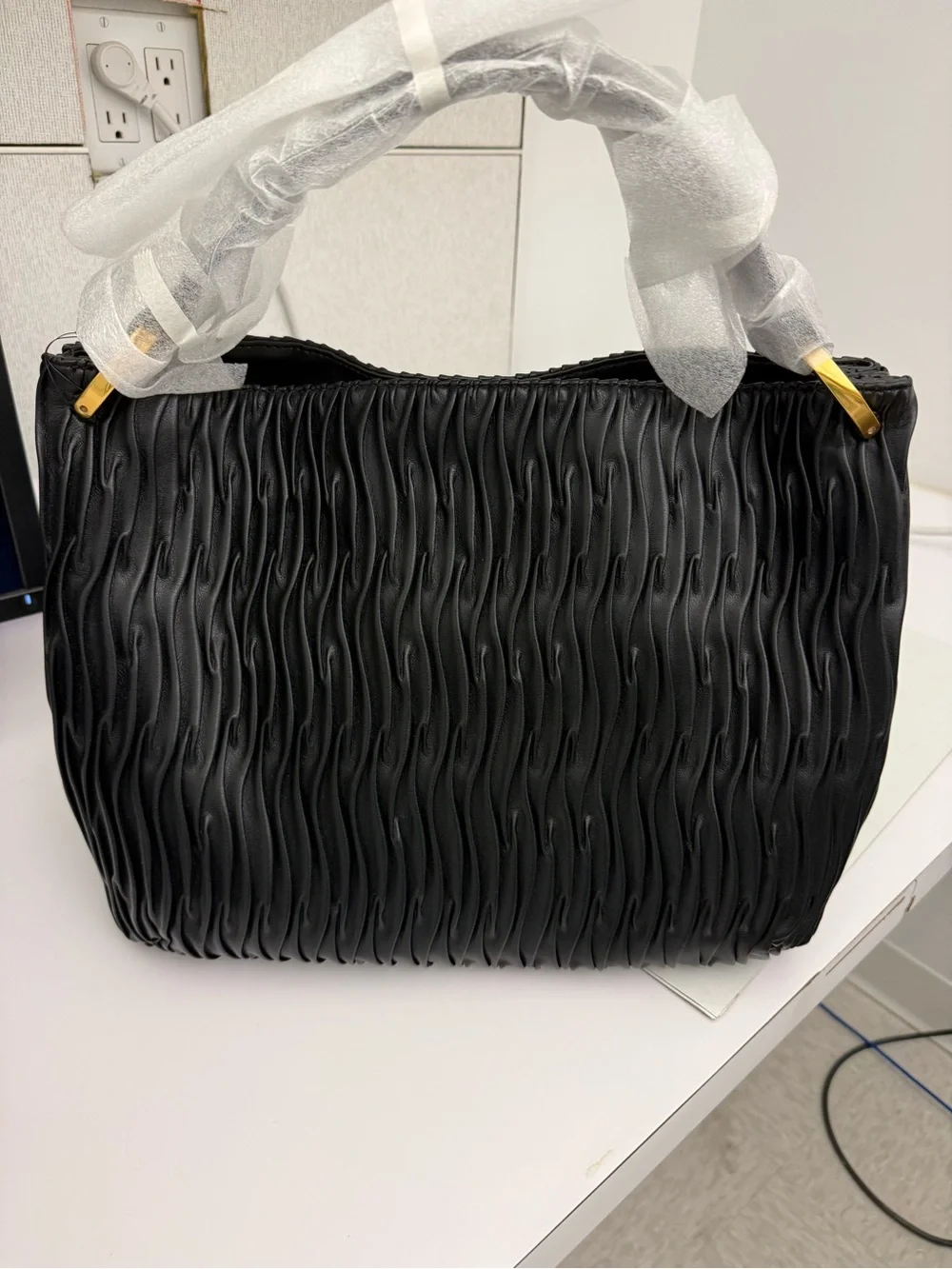 Donna Karan Black Textured Wavy Tote Bag